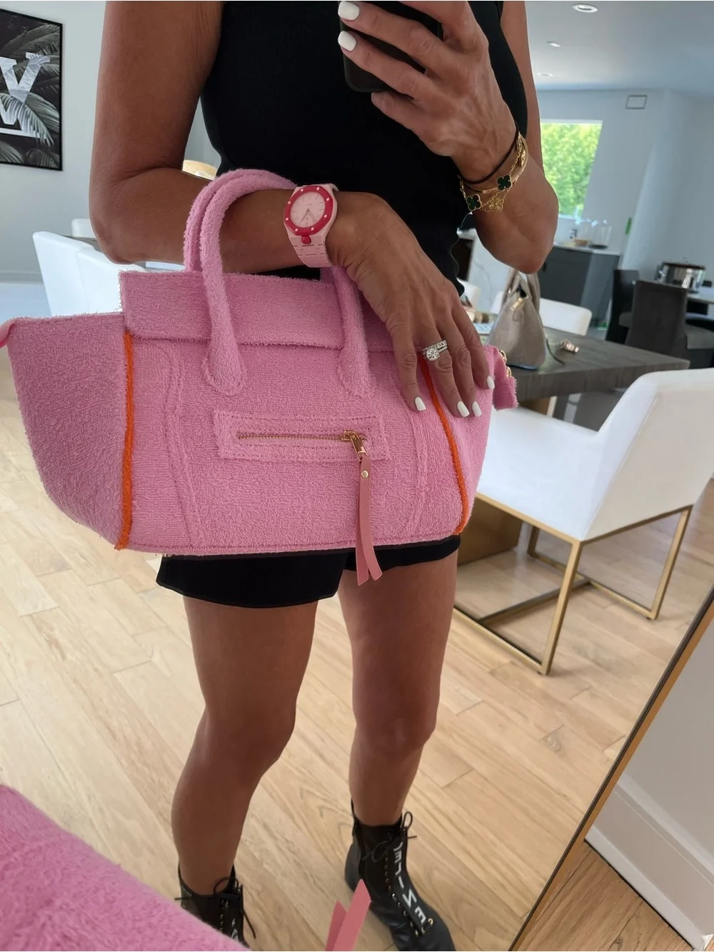 New Celine Pink Terry Tote Bag with Orange Trim -